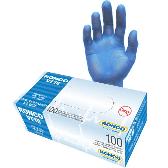 RONCO VE1B Blue Vinyl Examination Gloves, Powder-Free, 3 Mil, Size M: 4.5 g