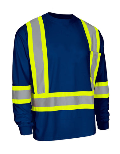 Forcefield Hi Vis Crew Neck Long Sleeve Safety Tee with Chest Pocket