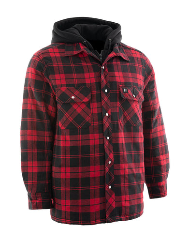 Red Hooded Plaid Quilt-Lined Flannel Shirt Jacket