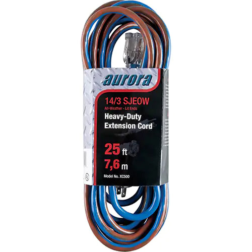 All Weather TPE-Rubber Extension Cords With Light Indicator, SJEOW, 14/3 AWG, 15 A, 25'
